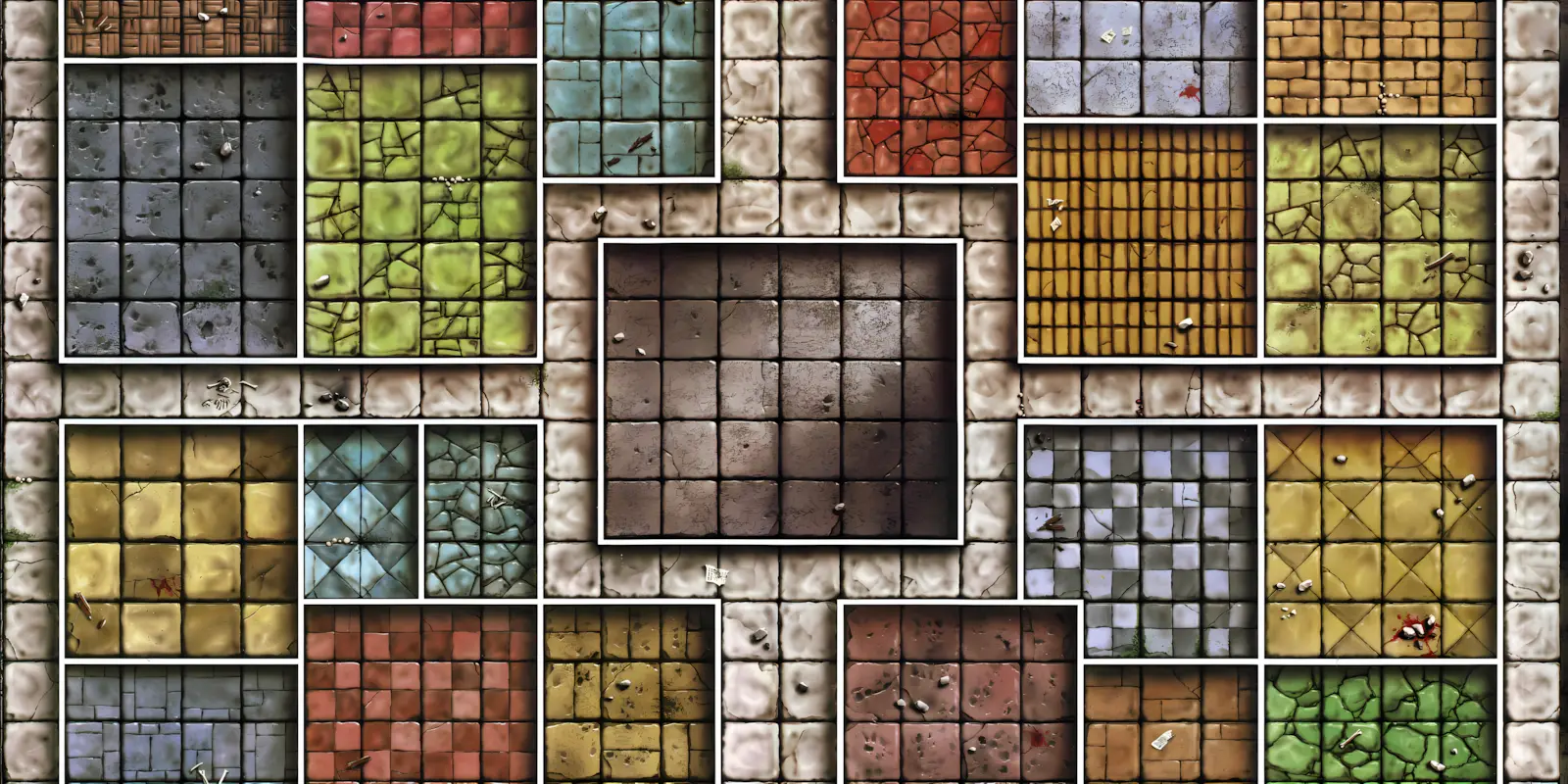 The HeroQuest board is a grid with some colour-coded rooms drawn on.