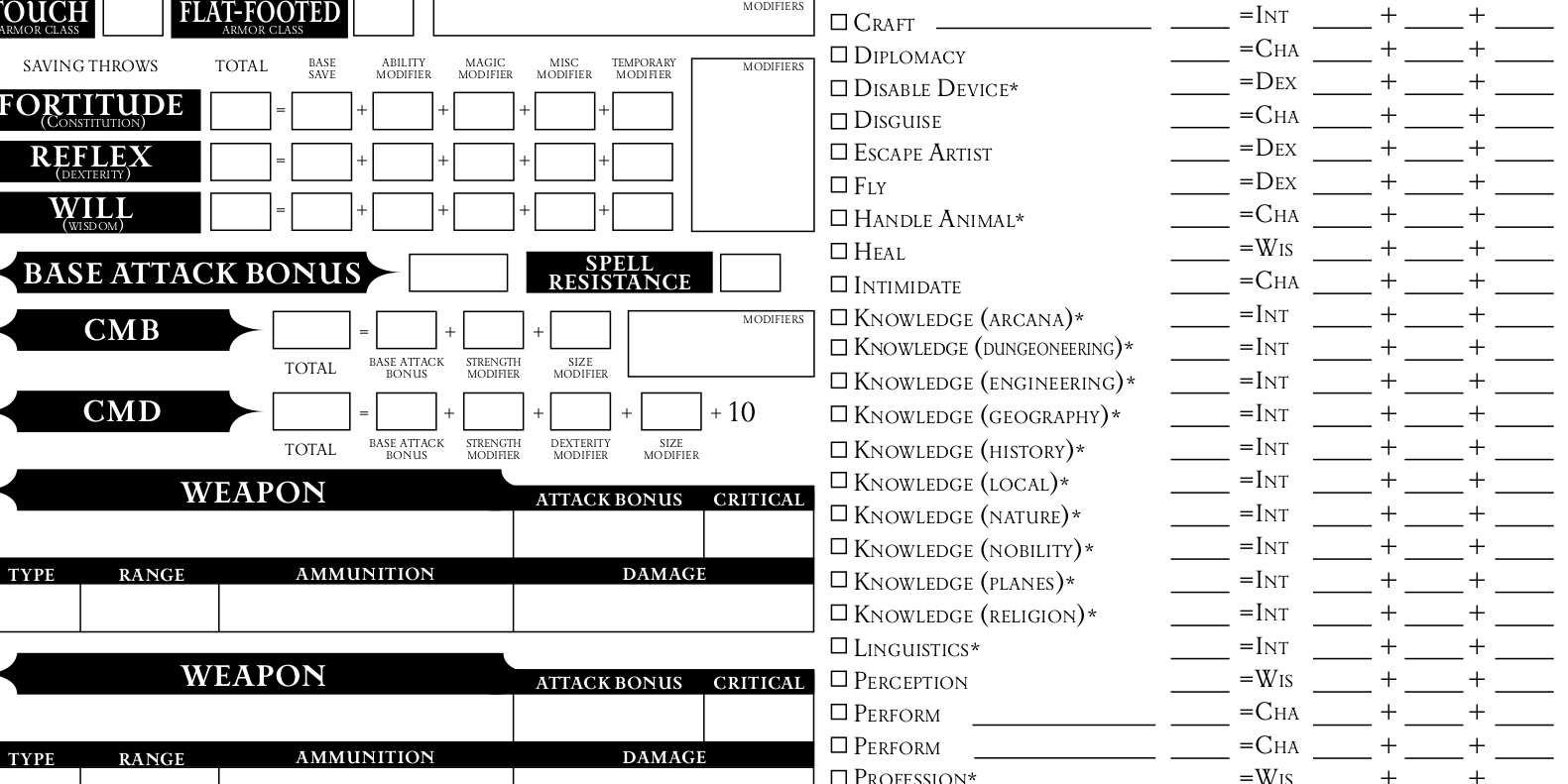 The default Pathfinder character sheet