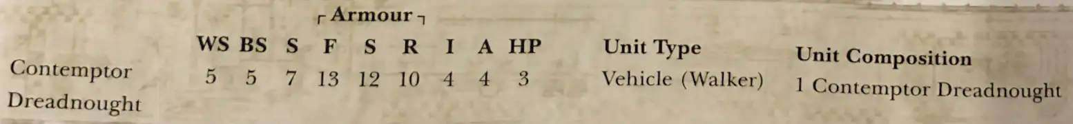 7th edition Contemptor Dreadnought WS=5 BS=5 S=7 F=13 S=12 R=10 I=4 A=4 HP=3 Unit_type=Vehicle Unit_composition=1