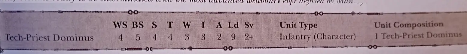 Tech-priest Dominus WS=4 BS=5 S=4 T=4 W=3 I=3 A=2 Ld=9 Sv=2+ Unit_compostion=1