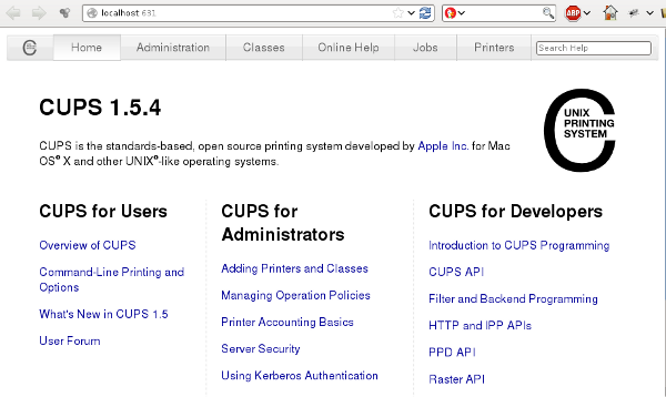 image: CUPS control panel in a web browser