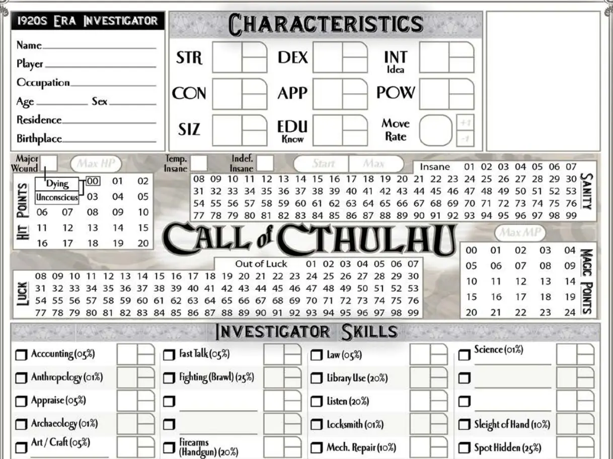 Part of the Call of Cthulhu character sheet, showing several empty boxes for calculated values