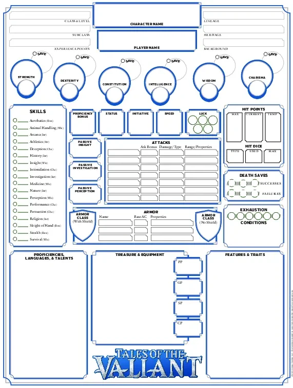 The official character sheet for ToV